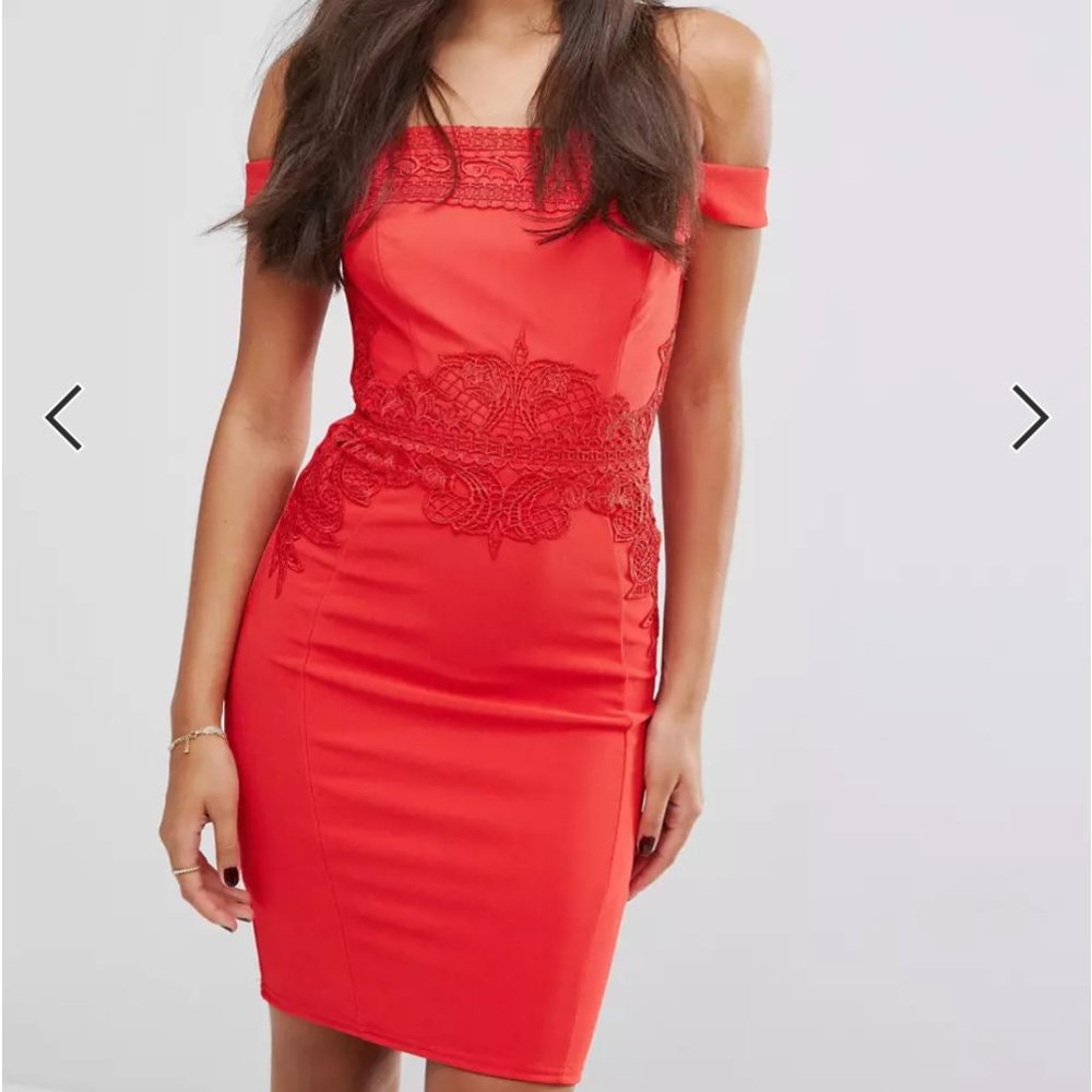 Lipsy Bardot Bodycon Dress with Applique Lace Detail